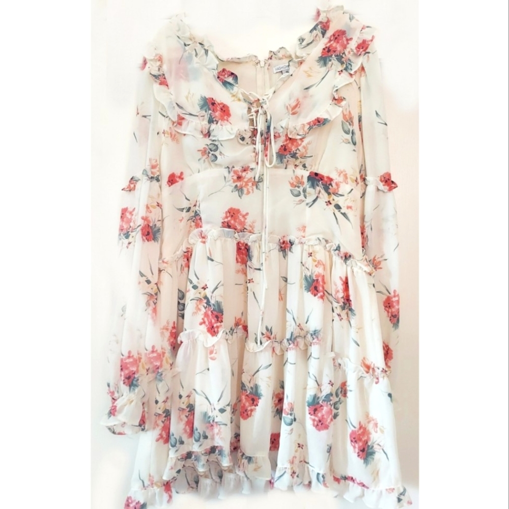 White Floral Ruffle Tiered Lace Up Front Elegant Princesscore Coquette Dress